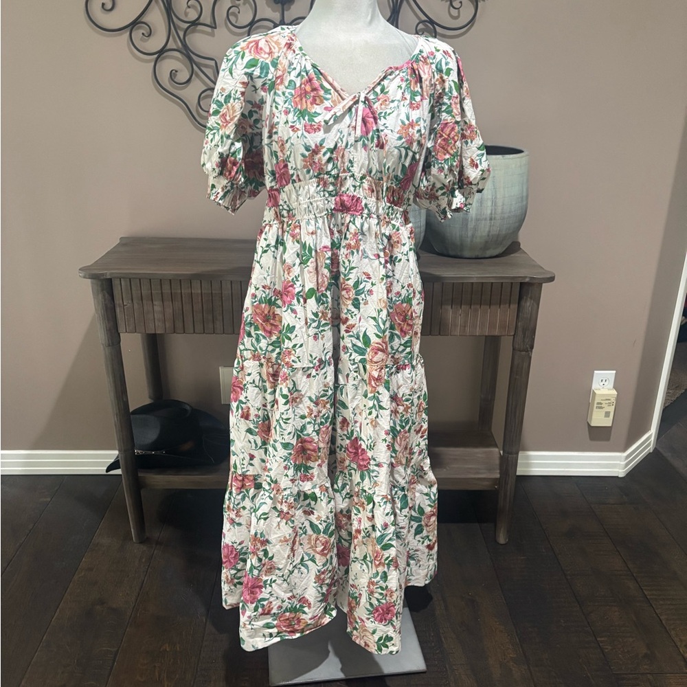 Anthropologie Pink and Red Ruffled Tiered Sundress